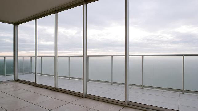 Modern luxury apartment interior with floor-to-ceiling glass windows and sliding doors overlooking a scenic balcony with an expansive view