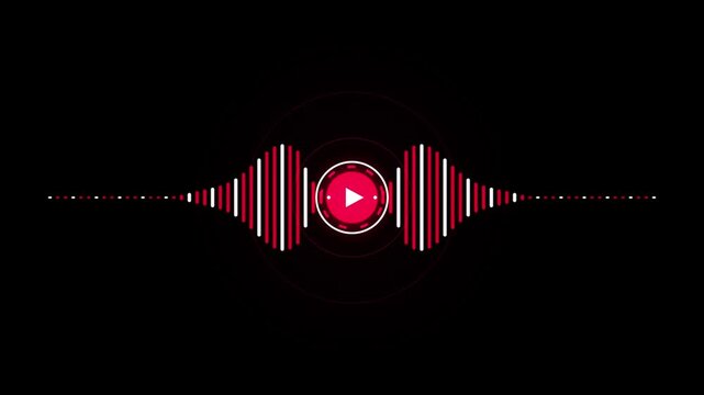 Animated red and white audio waveform equalizer with central play button overlay