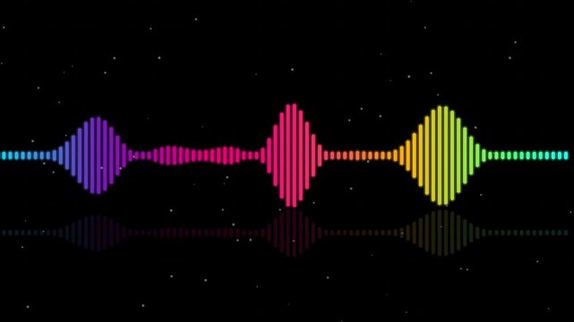 Colorful audio waveform equalizer animation with reflection on dark background