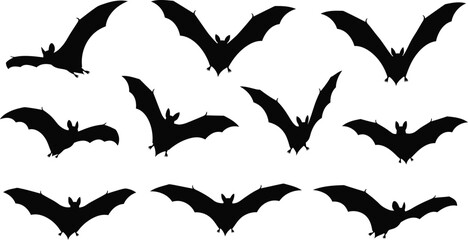 Fototapeta premium Halloween bat silhouettes set, black flying bats collection of 10 vector icons, spooky nocturnal animal shapes for gothic design
