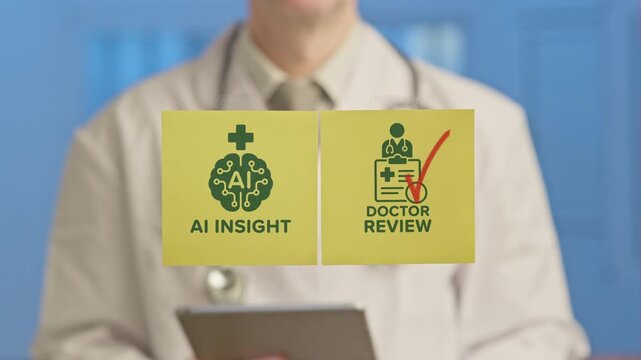 Medical professional comparing ai diagnostic results with traditional physician review, illustrating collaboration of machine intelligence and human expertise in modern healthcare practice