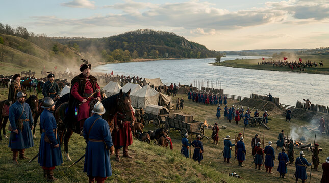 Cossack leader on horseback overlooking a military encampment by a river with soldiers and tents