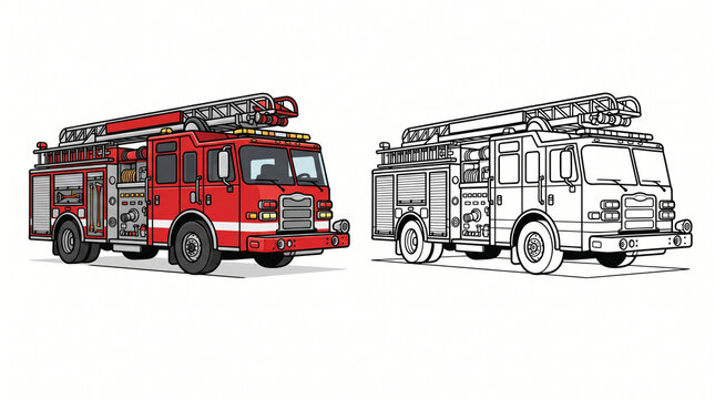Two Identical Rescue Engine Illustrations &ndash; Colorful and Black-and-White Vector Set