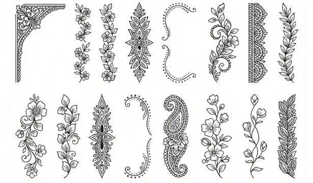 Lata Pata Mehndi Borders Leaf Vine Henna Ornament Black White Vector Set