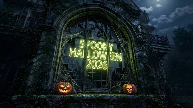 Spooky halloween 2026 neon sign on a dark gothic stone gate with glowing pumpkins at night