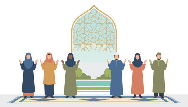 Diverse muslim community members standing in a row on a patterned prayer rug and praying together inside a mosque.