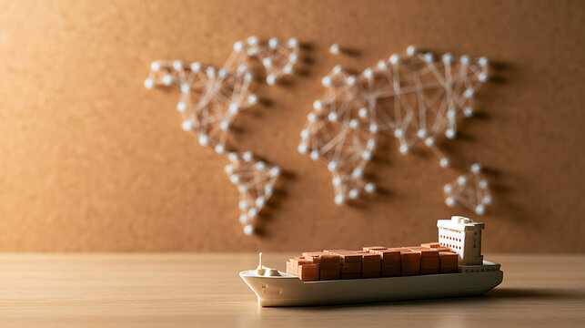 A miniature container ship model sits on a wooden desk with a string art world map pinned to a corkboard wall in the office background