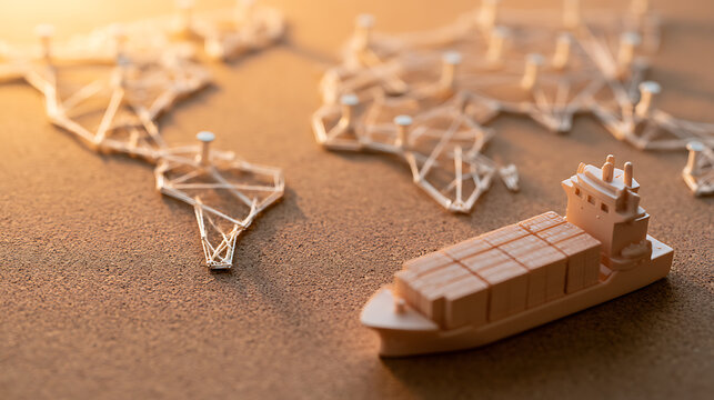 Global cargo ship model on cork world map background with connection string, symbol for international trade logistics and freight transport