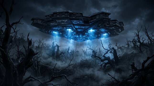 Cinematic UFO spaceship hovering over spooky forest, alien spacecraft with blue lights in dark misty woods, sci-fi mystery scene