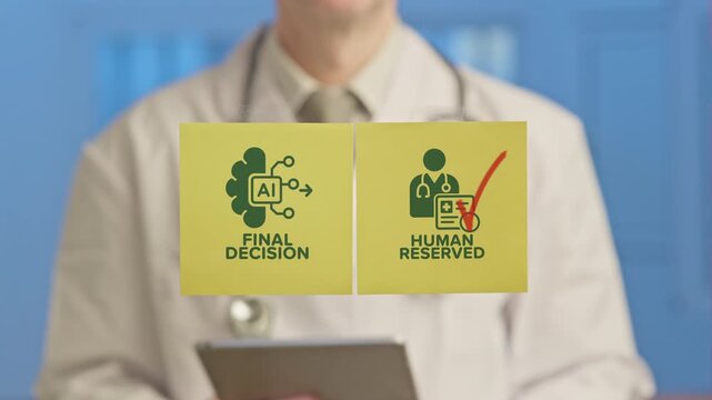 Medical professional comparing two sticky notes, one showing an ai final decision and the other indicating a human reserved choice, highlighting the ethical debate in modern healthcare