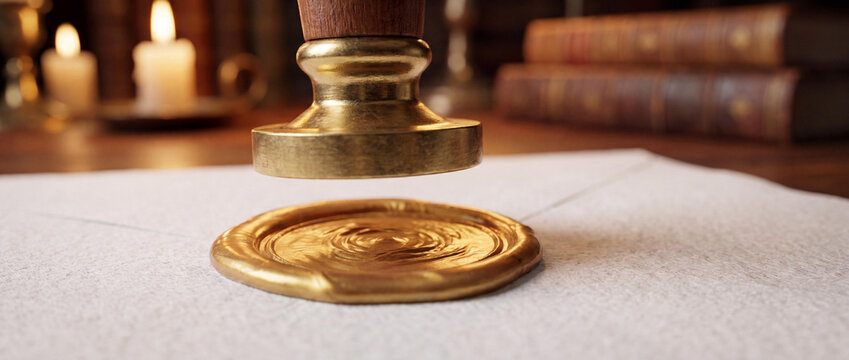 Vintage Gold Wax Seal and Brass Stamp on Textured Paper in an Old Library with Warm Candlelight and Bokeh Background