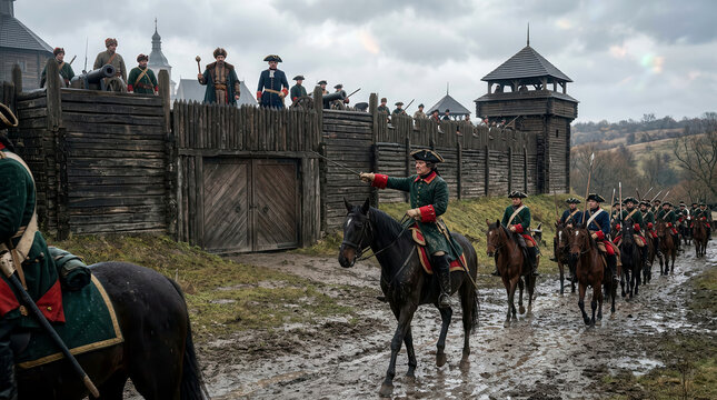 Cavalry officer leading a group of soldiers on horseback in front of a wooden fortress