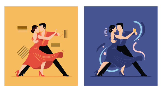 Dynamic tango dancers performing passionate ballroom dance in two color variants, warm yellow and deep midnight blue.