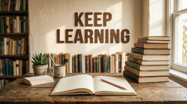 Keep Learning Concept with Books and Study Workspace Representing Education Knowledge Personal Growth Continuous Learning Career Development and Success