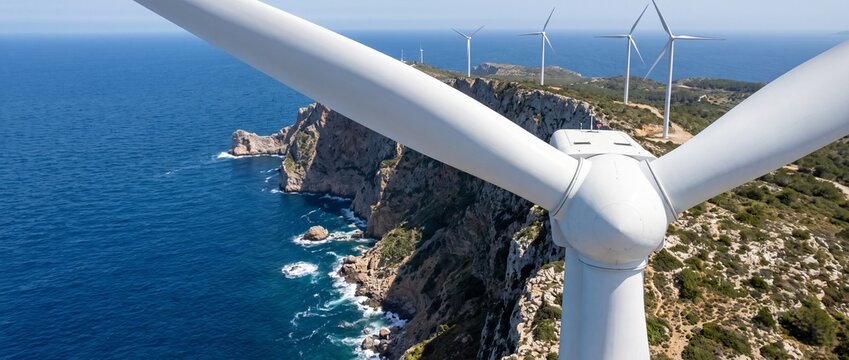 Wind Turbines on Coastal Cliffs: Majestic wind turbines stand tall on rugged coastal cliffs, harnessing the power of the wind against the backdrop of a deep blue sea.