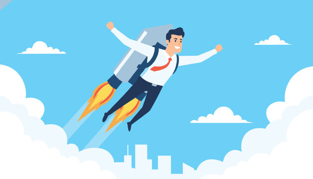 Energetic businessman flying high in the blue sky using rocket jetpack above city skyline representing success.