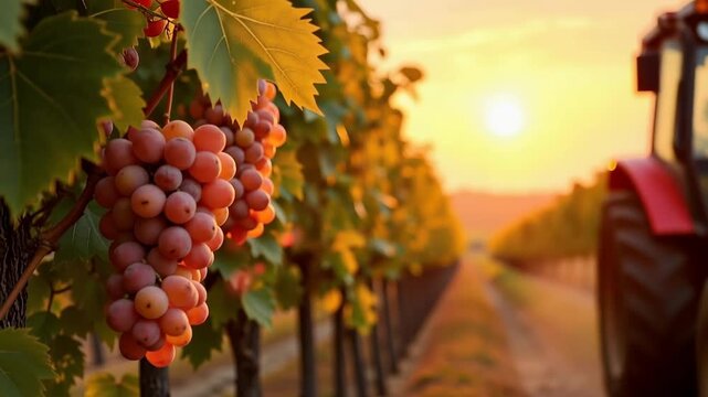 Ripe red grape cluster in a sunlit vineyard as a tractor drives down the row at sunset, harvest and rural agriculture, golden hour light and seasonal atmosphere