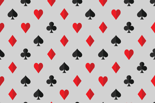 Continuous pattern of classic playing card suits including hearts, diamonds, clubs, and spades in red and black colors.