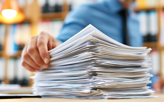 Hand holding large stack of white documents in office archive