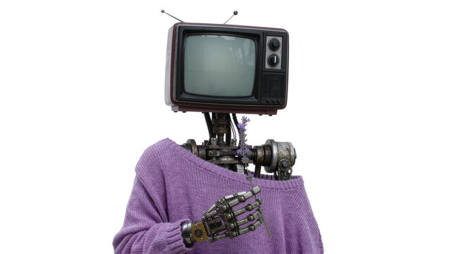 Retro television head robot holding lavender flower, isolated on transparent background