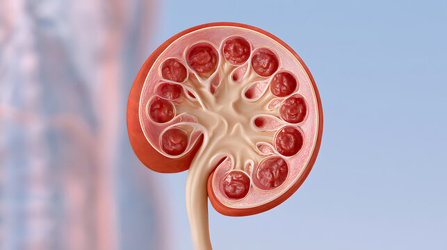 Detailed 3D medical illustration showing human kidney cross section anatomy with internal structures renal pyramids cortex pelvis for health care