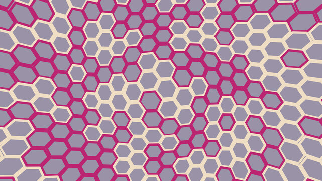 Interlocking honeycomb grid pattern in magenta and beige on purple background
