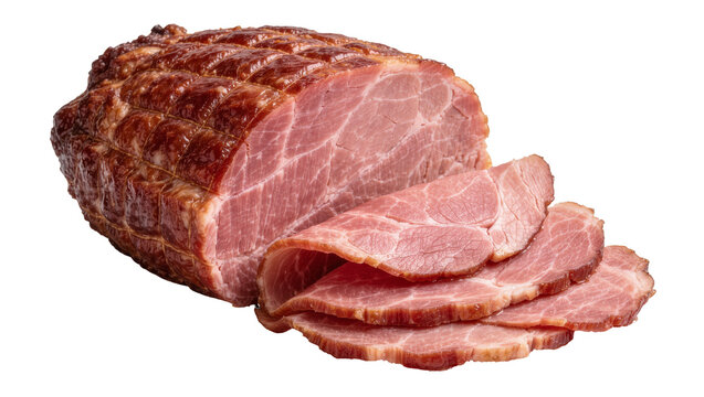 Smoked pork shoulder roast with crisscross netting sliced thinly, isolated on transparent background