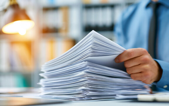 Hand holding large stack of white documents in office archive
