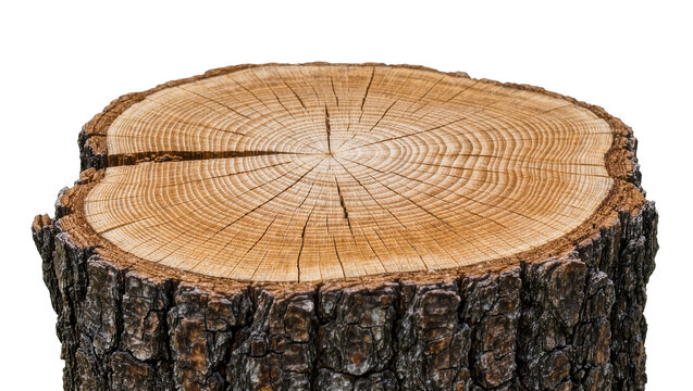 Rough bark texture on a thick tree stump with visible growth rings, isolated on transparent background