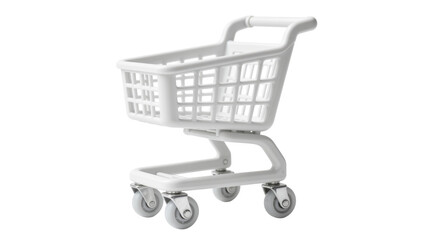 Miniature white plastic shopping cart with four wheels, isolated on transparent background © Miguel