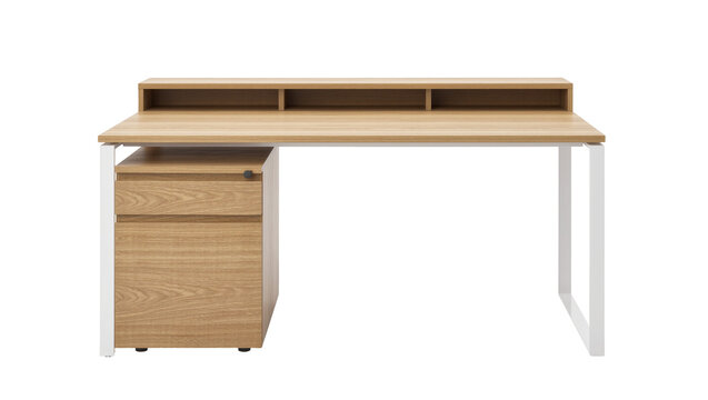 Modern wooden desk with drawers and shelf, isolated on transparent background