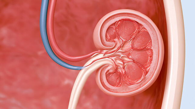 Detailed medical illustration showing human kidney structure with internal anatomy cross-section, renal cortex, medulla, pelvis, and vessels