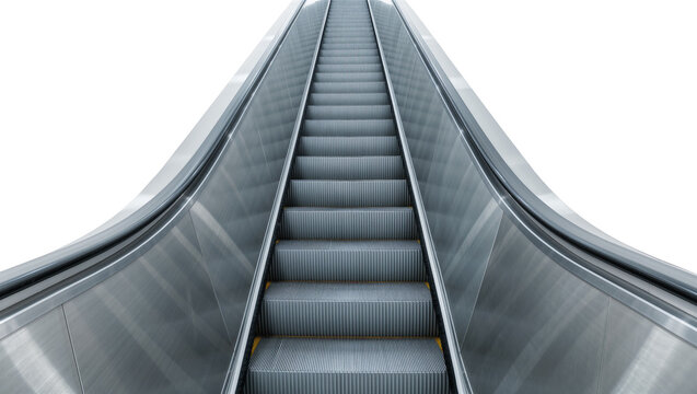 Modern metal escalator with textured steps, isolated on transparent background