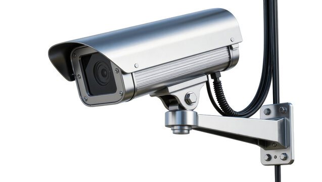 Silver metal security camera with protective hood mounted on bracket, isolated on transparent background