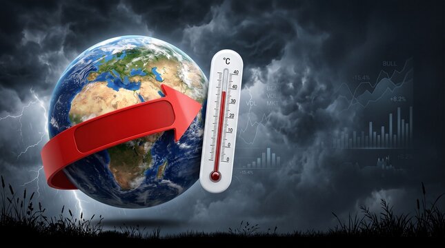 Global warming climate change concept with earth globe rising temperature thermometer red arrow stormy sky background carbon footprint environment impact.