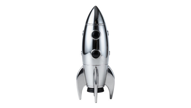 Shiny chrome retro rocket ship with black windows, isolated on transparent background