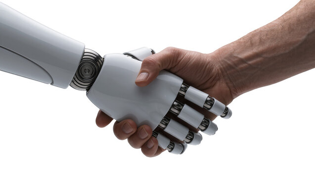Human hand shaking a white robotic hand, isolated on transparent background