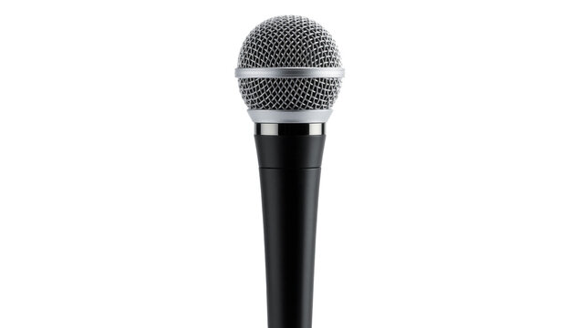 Professional black handheld microphone with silver grille, isolated on transparent background