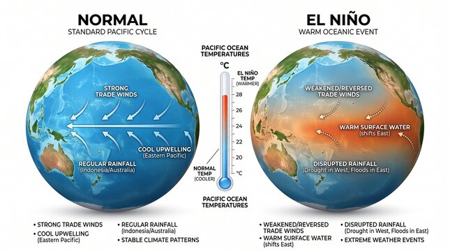 Comparison diagram of normal pacific ocean cycle and El Ni&ntilde;o warm oceanic event explaining trade winds temperature changes and climate impact.