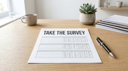 Obraz premium Take the Survey Concept with Questionnaire Form and Office Workspace Representing Market Research Customer Feedback Data Collection and Business Analysis