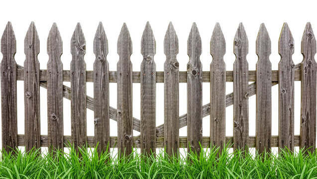 Weathered wooden picket fence with green grass, isolated on transparent background
