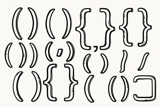 Set of various sketchy hand drawn parentheses, square brackets, and curly braces in a bold black marker style.