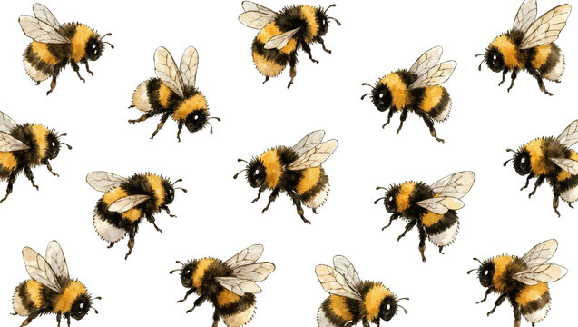 Fluffy bumblebees with black and yellow stripes, isolated on transparent background