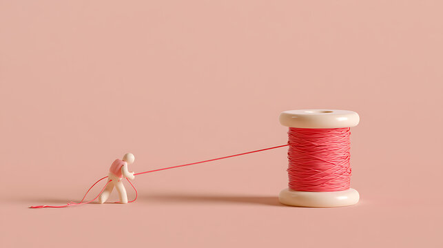 Tiny toy figure work hard to pull red thread from large wooden spool on pink background, conceptual metaphor for labor and teamwork
