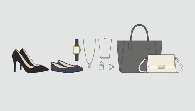 Minimalist illustration of classic elegant women accessories including high heels, flat shoes, jewelry, and luxury handbags.