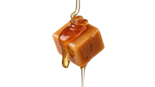 Golden caramel cube with dripping liquid caramel, isolated on transparent background