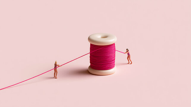 Miniature figures pull pink thread from a spool on a solid pastel background, symbolizing teamwork, effort, and creative collaboration concept