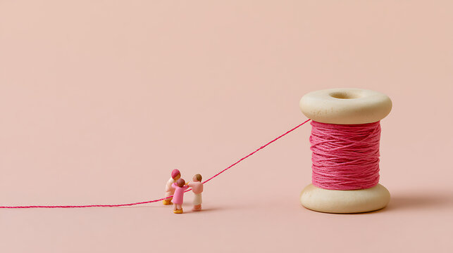 Tiny toy figures pull a thin pink thread from a large wooden spool in a creative concept scene representing teamwork and project execution