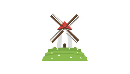 Fototapeta premium Traditional windmill with brown blades standing on a green terraced hill covered in white flowers on a white background.
