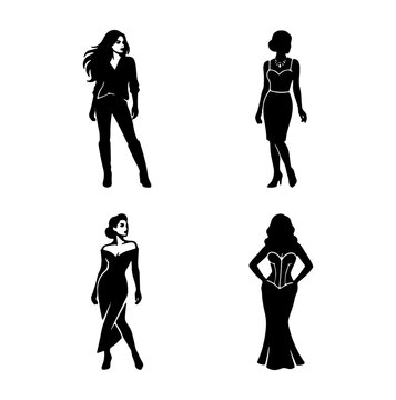 Elegant Female Silhouettes, Fashion Poses Vector Set, Women Standing Style Collection, Glamorous Diva Icons